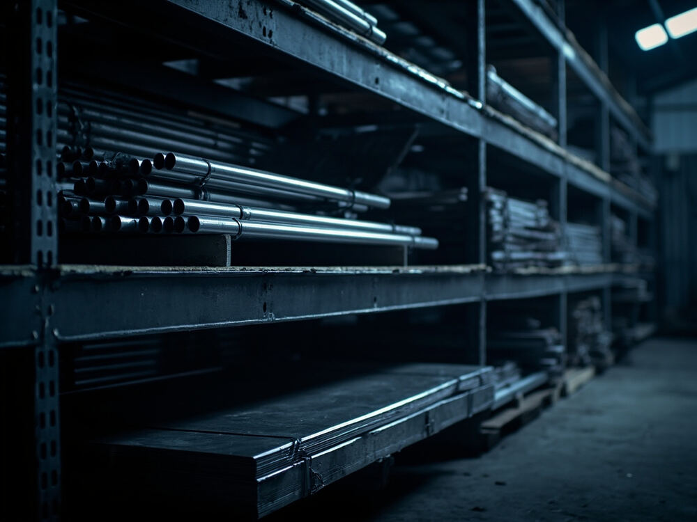 Racks of stainless steel pipes and sheets in the warehouse